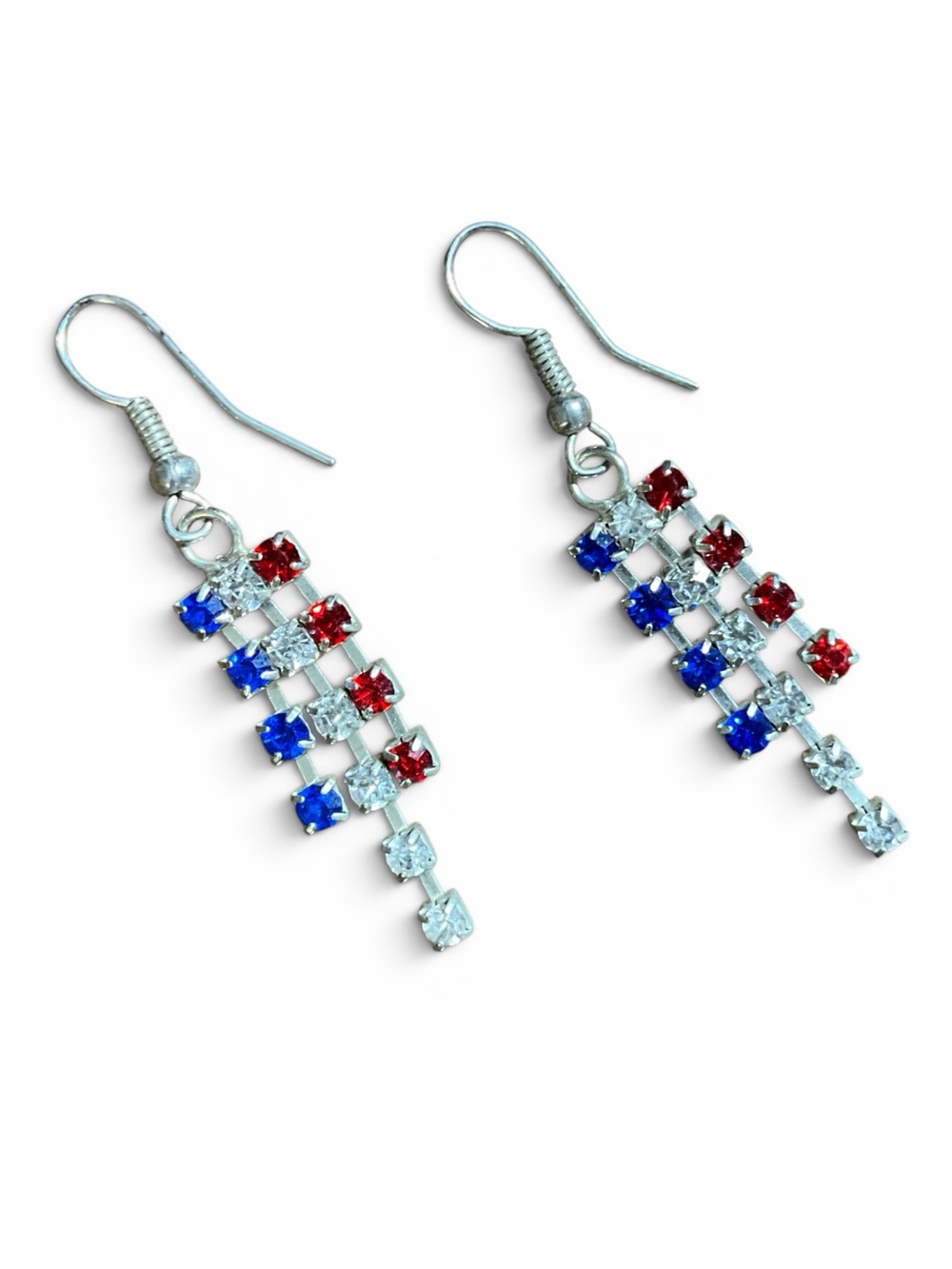 Vintage Patriotic Rhinestone Dangle Earrings Red White Blue Americana